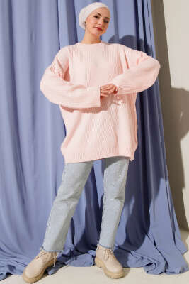Asimetrik Kabartmalı Triko Tunik Pudra - Tunik