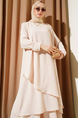 Asimetrik Kesim Ayrobin İkili Takım Bej - Yeni Tesettür Giyim