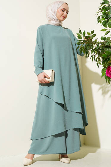 Asimetrik Kesim Ayrobin İkili Takım Çağla Yeşili - Yeni Tesettür Giyim