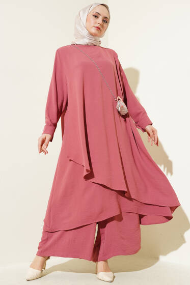 Asimetrik Kesim Ayrobin İkili Takım Gül Kurusu - Yeni Tesettür Giyim