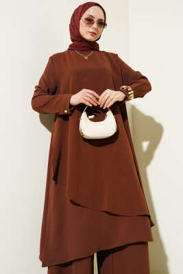 Asimetrik Kesim Ayrobin İkili Takım Kahve - Yeni Tesettür Giyim