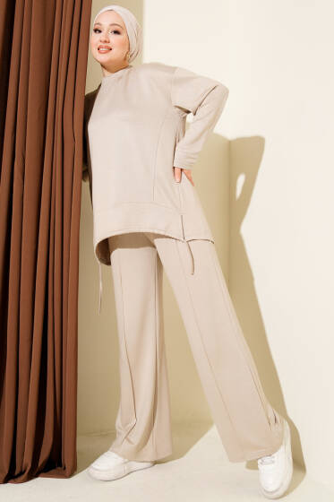 Asimetrik Kesim Bisiklet Yaka İkili Takım Bej - İkili Takım