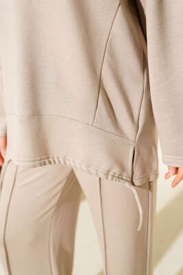 Asimetrik Kesim Bisiklet Yaka İkili Takım Bej - İkili Takım