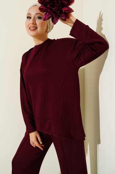 Asimetrik Kesim Bisiklet Yaka İkili Takım Bordo - İkili Takım