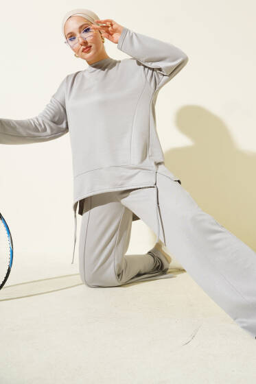 Asimetrik Kesim Bisiklet Yaka İkili Takım Gri - İkili Takım