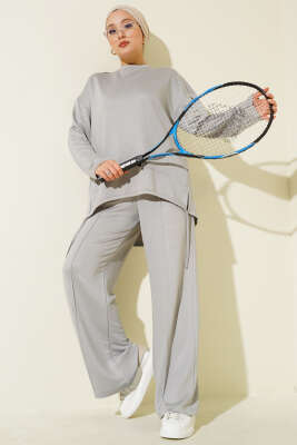 Asimetrik Kesim Bisiklet Yaka İkili Takım Gri - İkili Takım