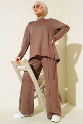 Asimetrik Kesim Bisiklet Yaka İkili Takım Kahve - İkili Takım