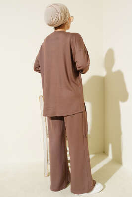 Asimetrik Kesim Bisiklet Yaka İkili Takım Kahve - İkili Takım