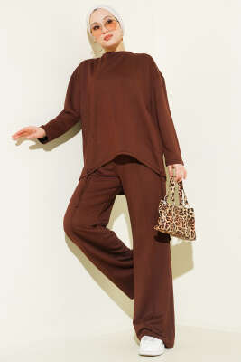 Asimetrik Kesim Bisiklet Yaka İkili Takım Kestane 