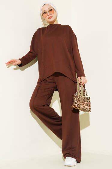 Asimetrik Kesim Bisiklet Yaka İkili Takım Kestane - İkili Takım