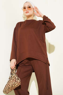 Asimetrik Kesim Bisiklet Yaka İkili Takım Kestane - İkili Takım