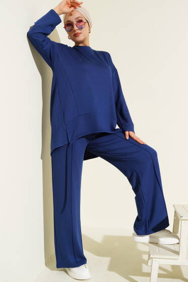 Asimetrik Kesim Bisiklet Yaka İkili Takım Lacivert - İkili Takım