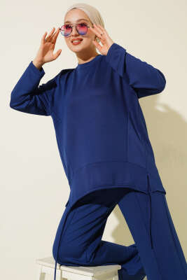 Asimetrik Kesim Bisiklet Yaka İkili Takım Lacivert - İkili Takım