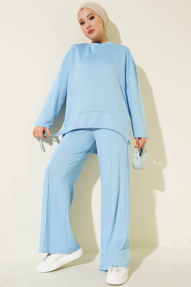 Asimetrik Kesim Bisiklet Yaka İkili Takım Mavi - İkili Takım