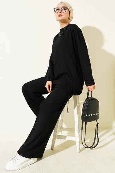 Asimetrik Kesim Bisiklet Yaka İkili Takım Siyah - İkili Takım