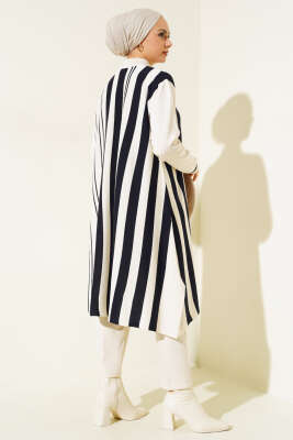 Asimetrik Kesim Çizgili Triko Tunik Bej Lacivert - Triko Tunik