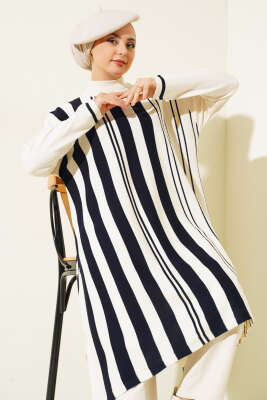 Asimetrik Kesim Çizgili Triko Tunik Bej Lacivert - Triko Tunik