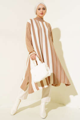 Asimetrik Kesim Çizgili Triko Tunik Bisküvi - Triko Tunik