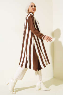 Asimetrik Kesim Çizgili Triko Tunik Kahve - Triko Tunik