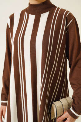 Asimetrik Kesim Çizgili Triko Tunik Kahve - Triko Tunik