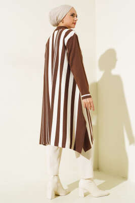 Asimetrik Kesim Çizgili Triko Tunik Kahve - Triko Tunik