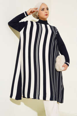 Asimetrik Kesim Çizgili Triko Tunik Lacivert - Triko Tunik