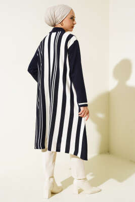 Asimetrik Kesim Çizgili Triko Tunik Lacivert - Triko Tunik