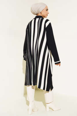 Asimetrik Kesim Çizgili Triko Tunik Siyah - Triko Tunik
