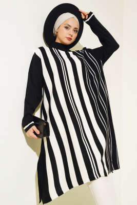 Asimetrik Kesim Çizgili Triko Tunik Siyah - Triko Tunik