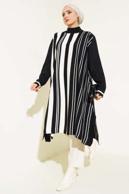 Asimetrik Kesim Çizgili Triko Tunik Siyah - Triko Tunik