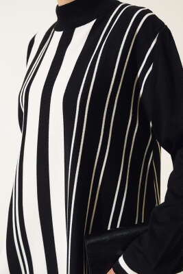 Asimetrik Kesim Çizgili Triko Tunik Siyah - Triko Tunik