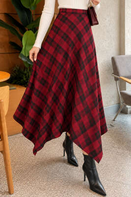 Asimetrik Kesim Ekose Etek Bordo - NEW SHE