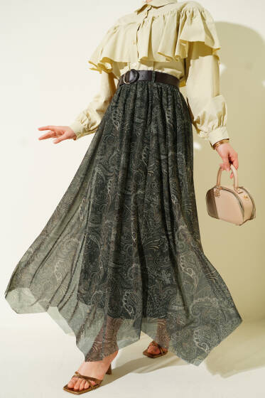 Asimetrik Kesim Etnik Desen Etek Haki - Etek