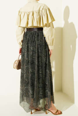 Asimetrik Kesim Etnik Desen Etek Haki - Etek