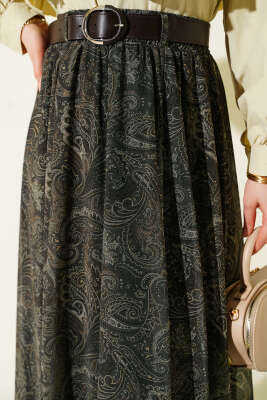 Asimetrik Kesim Etnik Desen Etek Haki - Etek