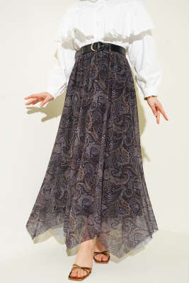 Asimetrik Kesim Etnik Desen Etek Lacivert - ALİ AKKAYA