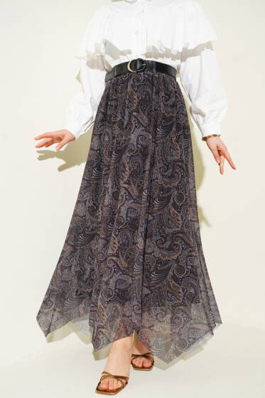 Asimetrik Kesim Etnik Desen Etek Lacivert - Etek