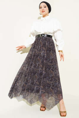 Asimetrik Kesim Etnik Desen Etek Lacivert - Etek