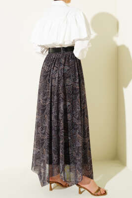 Asimetrik Kesim Etnik Desen Etek Lacivert - Etek