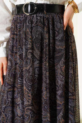 Asimetrik Kesim Etnik Desen Etek Lacivert - Etek