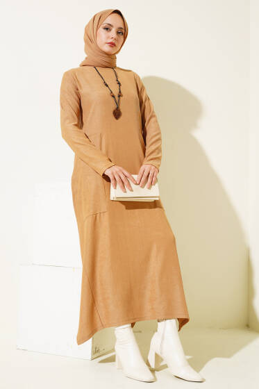 Asimetrik Kesim Geniş Cepli Uzun Tunik Camel - Tunik