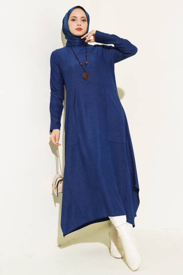 	 Asimetrik Kesim Geniş Cepli Uzun Tunik Lacivert - Tunik
