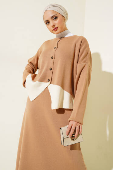 Asimetrik Kesim Hırkalı Triko Takım Bisküvi - İkili Takım