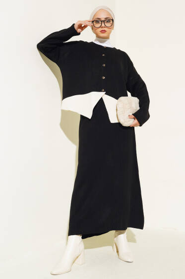 Asimetrik Kesim Hırkalı Triko Takım Siyah - İkili Takım