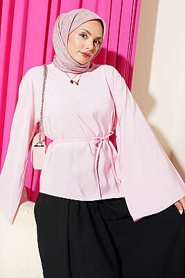 Asimetrik Kesim İp Bağcıklı Tunik Pembe - NEW SHE