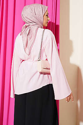 Asimetrik Kesim İp Bağcıklı Tunik Pembe - Tunik