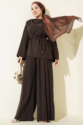 Asimetrik Kesim İp Kuşaklı Modal Takım Kahve - HEWES