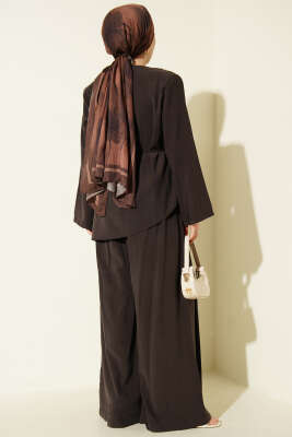 Asimetrik Kesim İp Kuşaklı Modal Takım Kahve - İkili Takım