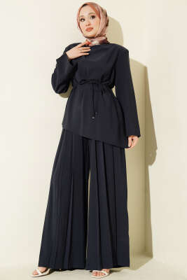 Asimetrik Kesim İp Kuşaklı Modal Takım Lacivert - HEWES