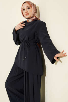 Asimetrik Kesim İp Kuşaklı Modal Takım Lacivert - İkili Takım